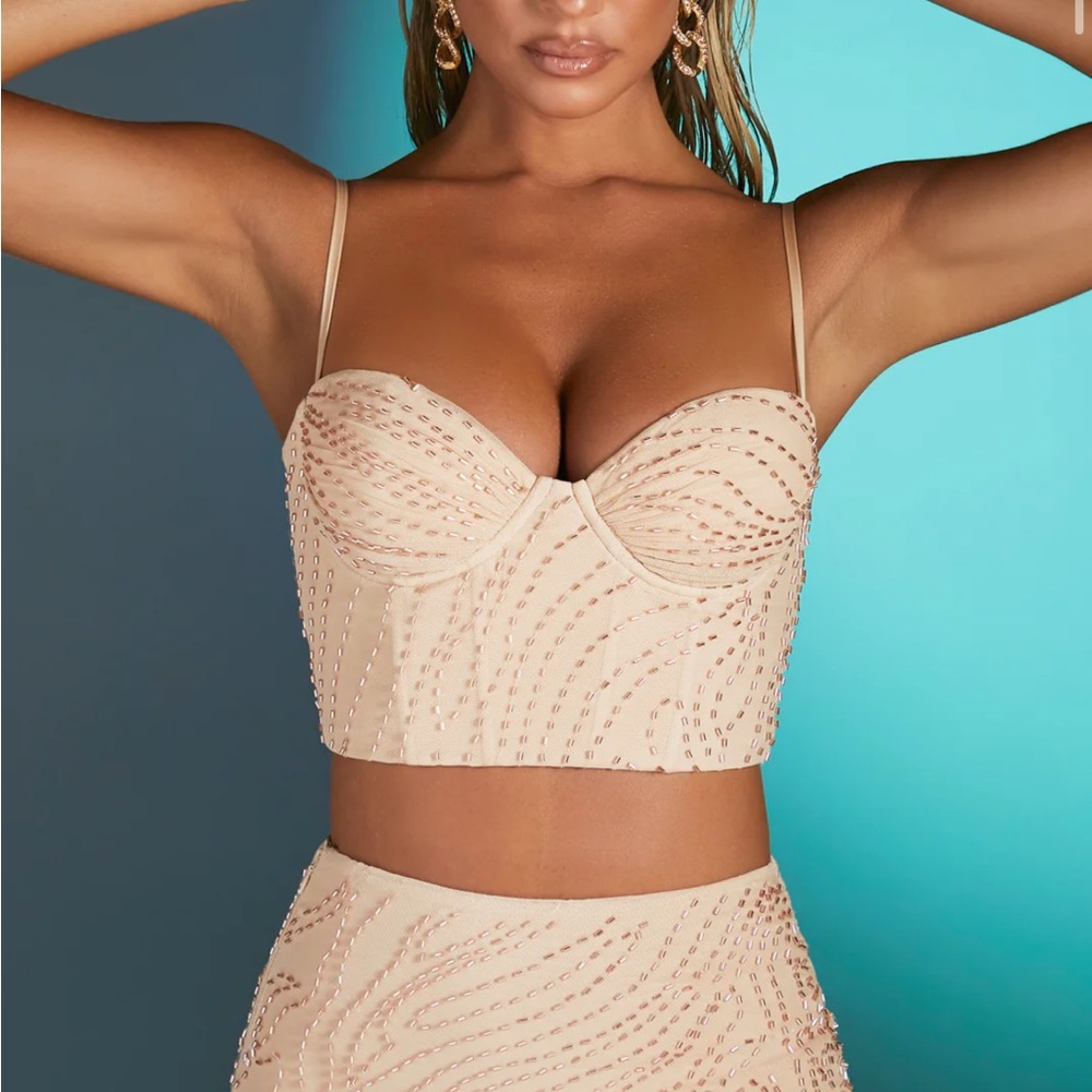 Oh Polly Embellished Crop Top in Sand